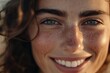 © World of AI - smiling woman with glowing, radiant skin. Her dewy complexion catches the soft golden light, highlighting smooth texture and natural beauty