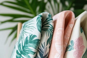 Poster - Tropical patterns in light summer fabrics displayed on a rack in a bright indoor setting surrounded by greenery. Generative AI