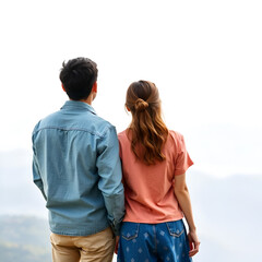 Backs turned, young couple contemplates the boundless possibilities stretching out before them. Transparent png, cut out, add your own background.