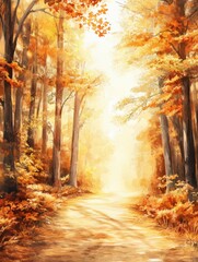 Poster - Vibrant watercolor illustration of an autumn forest path illuminated by soft sunlight in a serene landscape. Generative AI