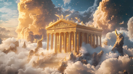Wall Mural - Fantastical palace atop mount olympus ethereal clouds majestic columns shimmering golden details mythical creatures otherworldly atmosphere. Celestial Mythology. Illustration