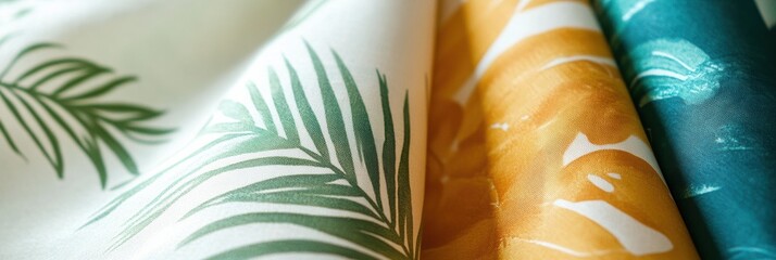 Poster - Vibrant tropical fabric patterns in light summer colors perfect for warm weather fashion or home decor. Generative AI
