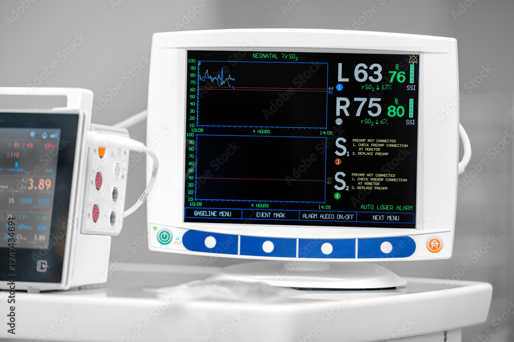 Foto de Stock anesthetist monitor screen with vital sign and ECG data ...