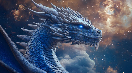 Wall Mural - A majestic blue dragon with detailed scales is set against a celestial background. the image showcases the dragon's intricate design and mystical ambiance. Celestial Mythology. Illustration