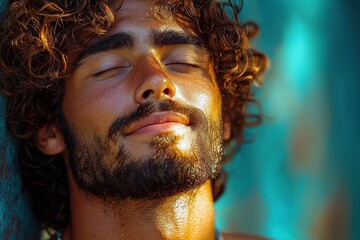 Wall Mural - Man enjoying peaceful moment in sunlit outdoor setting with serene expression and warm skin tones