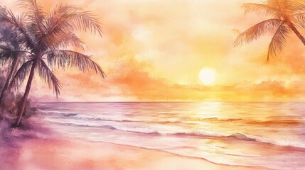 Poster - Colorful watercolor illustration of a sunset over a tranquil beach with palm trees swaying gently by the shore. Generative AI