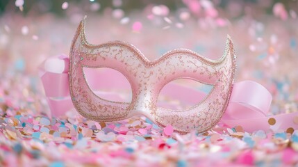 Glittery Pink Carnival Mask Surrounded by Colorful Confetti on a Festive Background