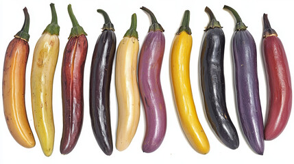 Canvas Print - Nine colorful eggplants, ranging from orange to red to black, lie lined up on a white surface.