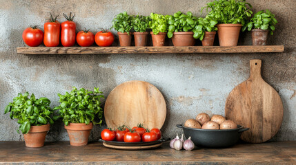 Sticker - Rustic kitchen still life featuring tomatoes, herbs, potatoes, cutting boards, and a textured wall.