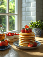 Wall Mural - Stack of pancakes topped with strawberries and syrup, set in a sunlit kitchen with a window view.