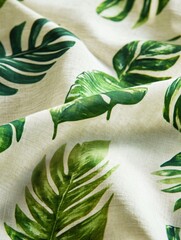 Poster - Bright tropical patterns on light summer fabric showcasing vibrant green leaves and a breezy, relaxed feel for warm days. Generative AI