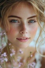 Wall Mural - Young woman with blue eyes and freckles surrounded by delicate flowers in soft natural light