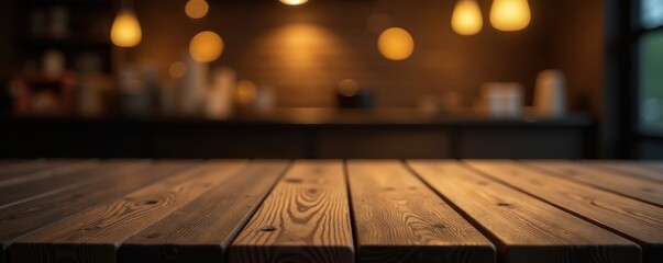 Wall Mural - Clean wooden table; gold bokeh lights, dark background, design, image