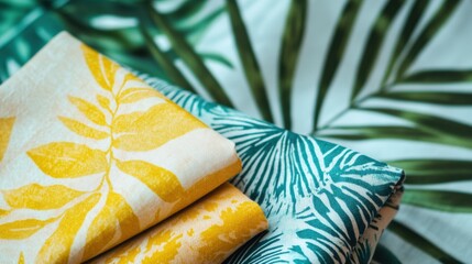 Aufkleber - Vibrant tropical patterns on light summer fabrics ideal for beachwear and casual wear in warm weather. Generative AI