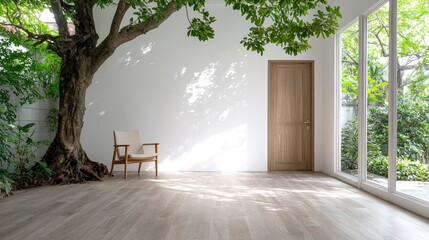 Wall Mural - Serene room, tree indoors, sunlight, garden view, relaxation space