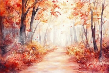 Aufkleber - Watercolor illustration of a serene autumn pathway surrounded by colorful fall foliage. Generative AI