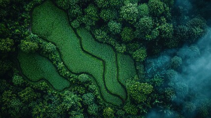 Wall Mural - Aerial view of lush green rice terraces in a misty forest