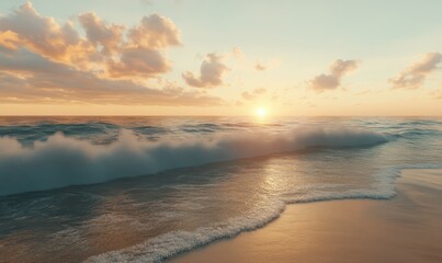 Wall Mural - Golden hour ocean waves crashing onto a sandy beach, with a dramatic sky painted in shades of orange and pink, capturing the beauty of nature