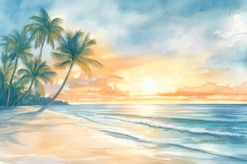 Aufkleber - Peaceful sunset over a serene beach with palm trees swaying in the warm ocean breeze. Generative AI