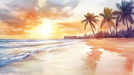 Aufkleber - Sunset over a tranquil beach scene with palm trees and gentle ocean waves at dusk. Generative AI