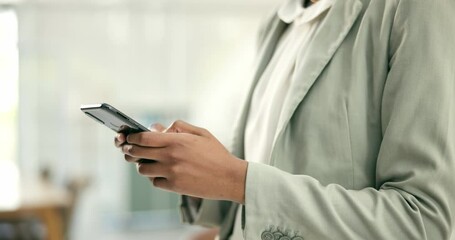 Poster - Woman, phone and hands typing for communication, social media or networking at office. Closeup of female person or employee texting or chatting on mobile smartphone app or research at workplace