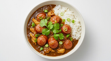 Wall Mural - sausage gumbo or gombo stew in bowl with shrimp, chicken, served with rice,top view, white background 