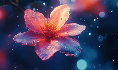 Wall Mural - Delicate petals of a single flower with raindrops, vibrant hues illuminated against a soft blurred background