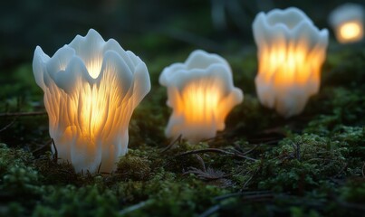 Wall Mural - close-up of glowing white mushrooms emerging from a mossy forest floor, softly lit with warm golden 