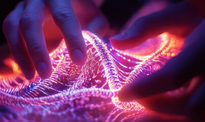 Wall Mural - close-up of hands interacting with a glowing hologram of a digital dna strand.
