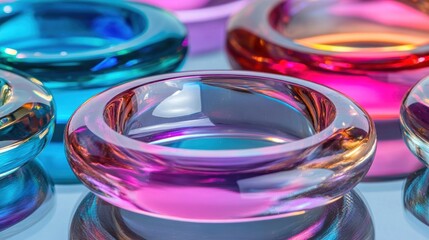 Sticker - Colorful glass bowls on reflective surface, studio shot, vibrant background, home decor