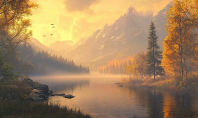 Wall Mural - Misty mountain landscape bathed in soft golden light, blending warm and cool tones for a serene and picturesque view