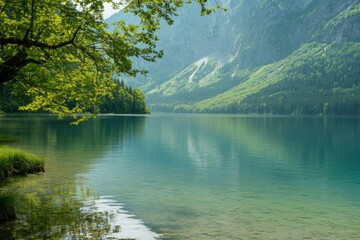 Poster - Tranquil lake surrounded by mountains and lush greenery reflecting the beauty of nature in a serene landscape. Generative AI