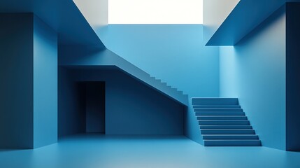 Sticker - Blue minimalist interior, stairs, sunlight, doorway, 3D render, architecture