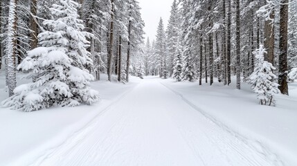 Wall Mural - Snowy forest trail, cross-country skiing, winter landscape, peaceful nature scene