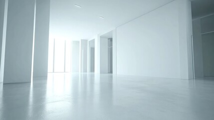 Sticker - Sunlit minimalist white hallway, modern building interior, empty space, architectural design