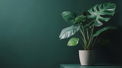 Wall Mural - green leaves of monstera ,Houseplant in a pot on a dark green background
