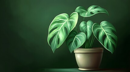 Wall Mural - green leaves of monstera ,Houseplant in a pot on a dark green background
