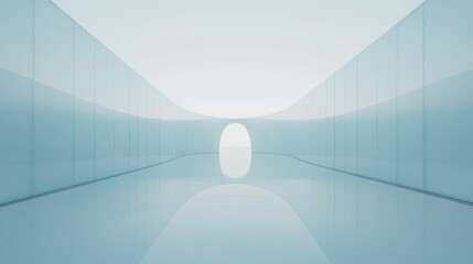 Futuristic glass corridor; curved walls, bright exit, reflective floor; architectural design