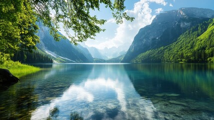 Poster - Beautiful mountain lake reflecting vibrant nature under a blue sky with fluffy clouds in a serene landscape. Generative AI