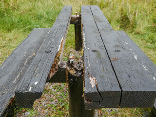 Wall Mural - old worn out wooden table in park with a one part broken and missing. green grass around. park maint