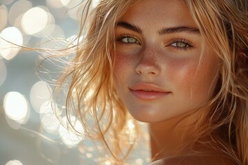 Wall Mural - Young woman with sun-kissed skin poses by the shimmering ocean during golden hour