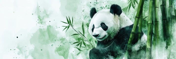 Poster - Gentle panda resting among bamboo in a serene natural setting during a warm afternoon. Generative AI