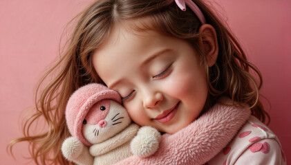 Wall Mural - a young girl with long, wavy brown hair wearing a pink headband and a pink and white polka-dotted shirt, hugging a cute, plush toy that looks like a cat with a pink hat. The background