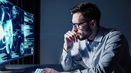 A programmer is intently studying complex data visualizations on a computer screen in a low-light office environment. The atmosphere suggests deep concentration and creativity.
