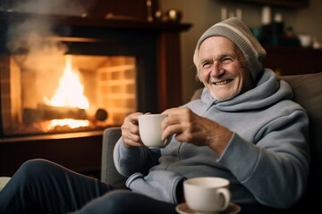 Wall Mural - Senior man sitting in front of a fireplace at home, drinking tea