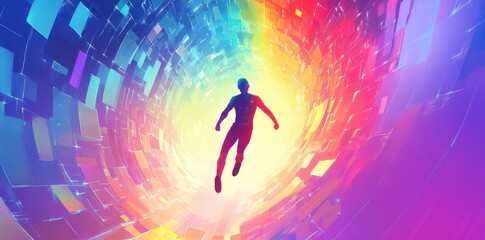 Wall Mural - silhouette of a man flying through colorful digital tunnel