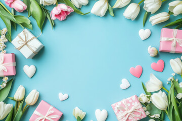 8 march concept with different flowers and gift boxes on blue background, space for text