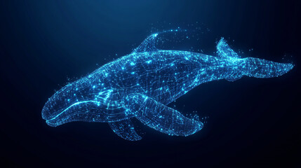 Wall Mural - A digital wireframe illustration of a whale composed of blue glowing lines and dots.