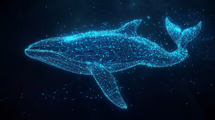 Wall Mural - A digital wireframe illustration of a whale composed of blue glowing lines and dots.
