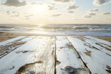 Poster - Beach sunset, wooden planks, ocean waves